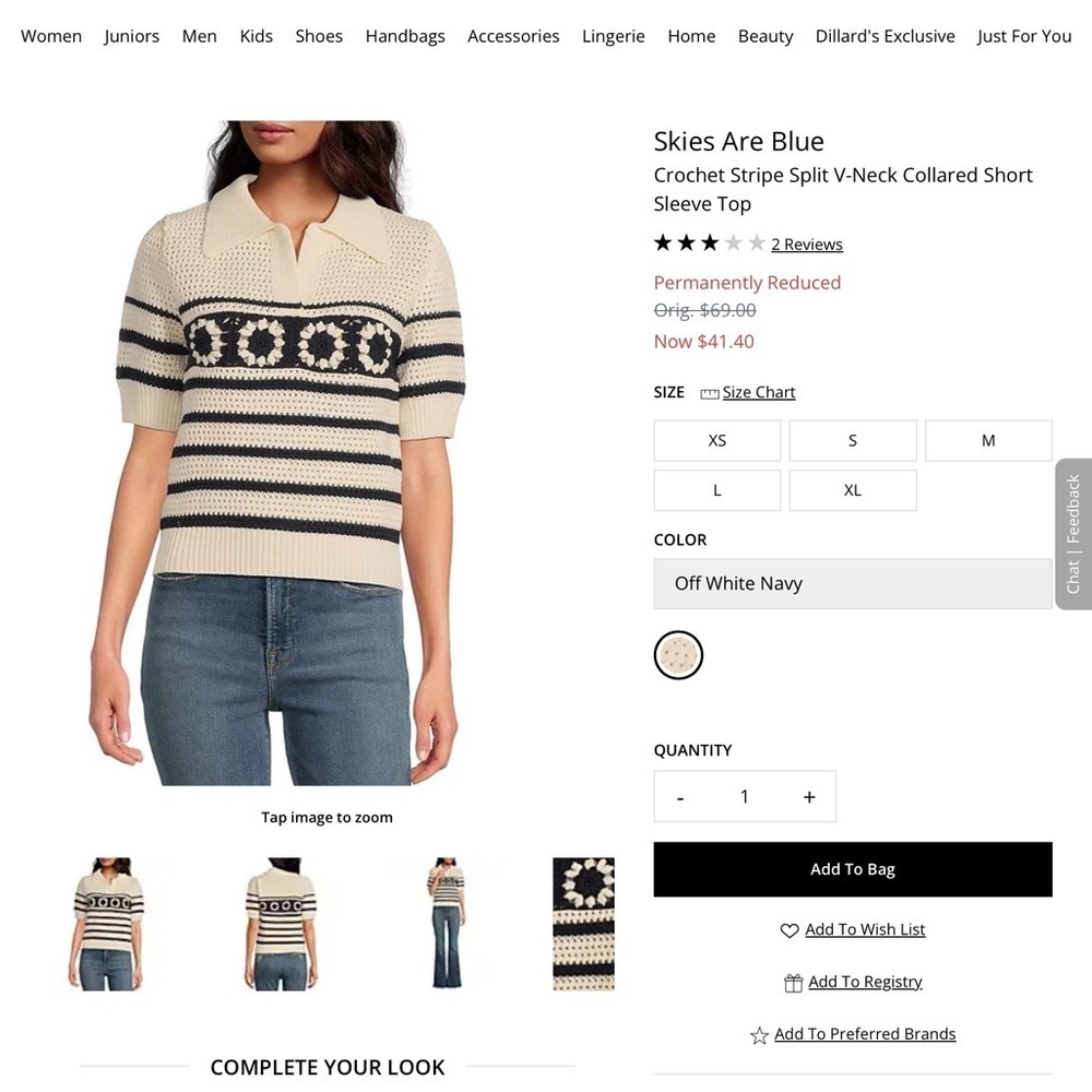 NWT | CROCHET STRIPED SPLIT V-NECK COLLARED TOP NAVY BLUE & OFF WHITE | XS - Picture 8 of 12